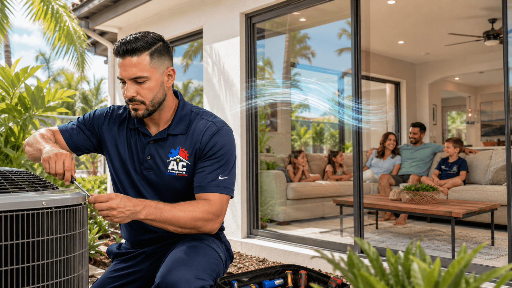 Técnico HVAC de AC Professional ayudando con Por qué mi aire acondicionado no enfría en el suroeste de Florida: qué revisar primero