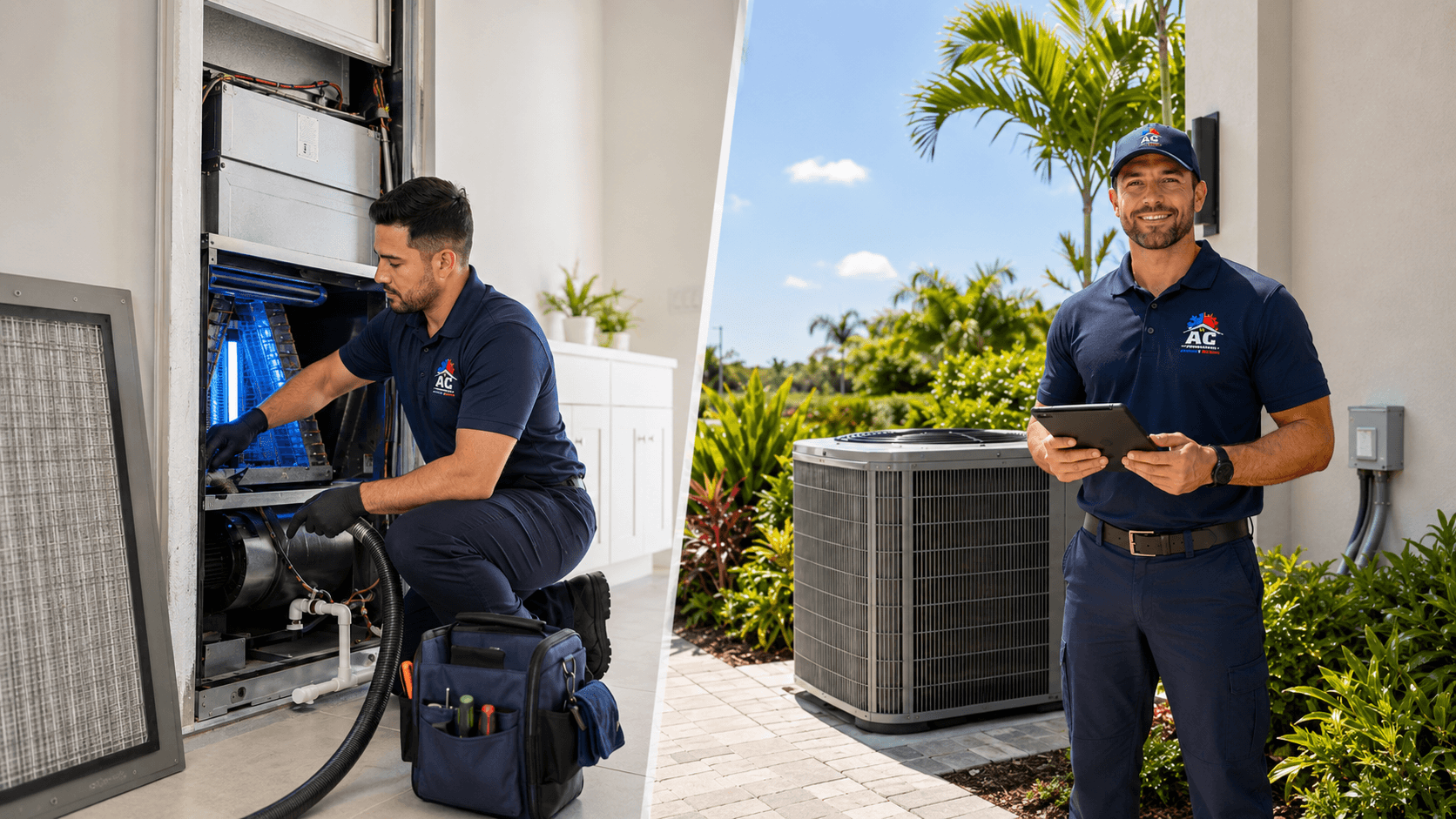 AC Professional technician reviewing an outdoor AC system in Southwest Florida
