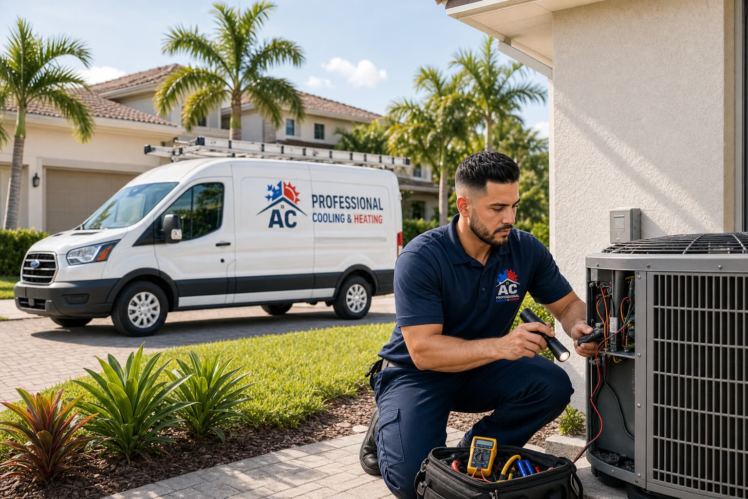 AC Professional technician servicing an outdoor AC system in Bonita Springs