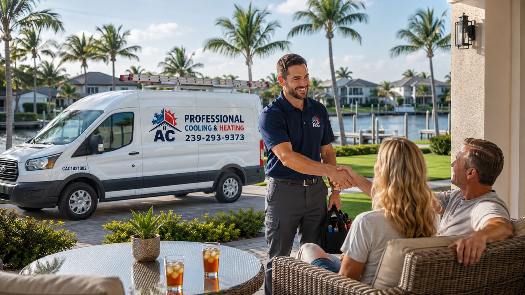 AC Professional technician greeting Estero homeowners near the service van