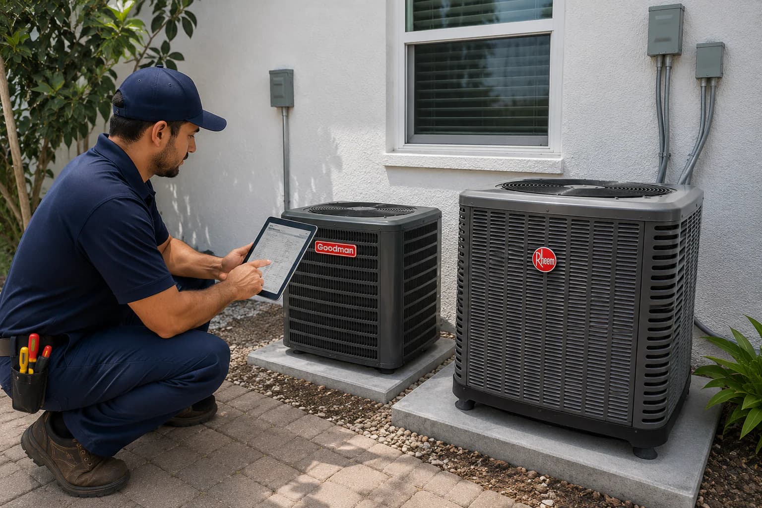 Técnico de HVAC comparando dos tamaños de sistemas de aire acondicionado para una vivienda del suroeste de Florida