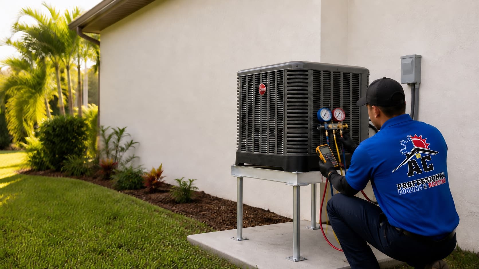 Técnico de AC Professional poniendo en marcha una instalación de AC nueva