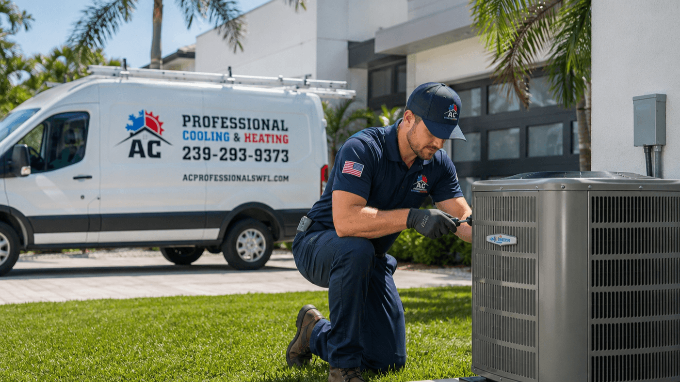 Técnico de AC Professional revisando mantenimiento preventivo de aire acondicionado en Cape Coral