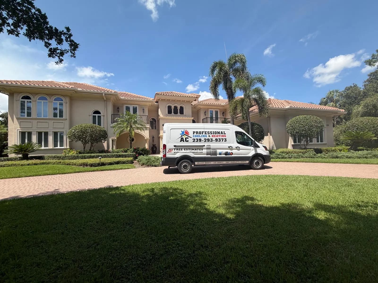 AC Professional service van parked at a large Southwest Florida residence
