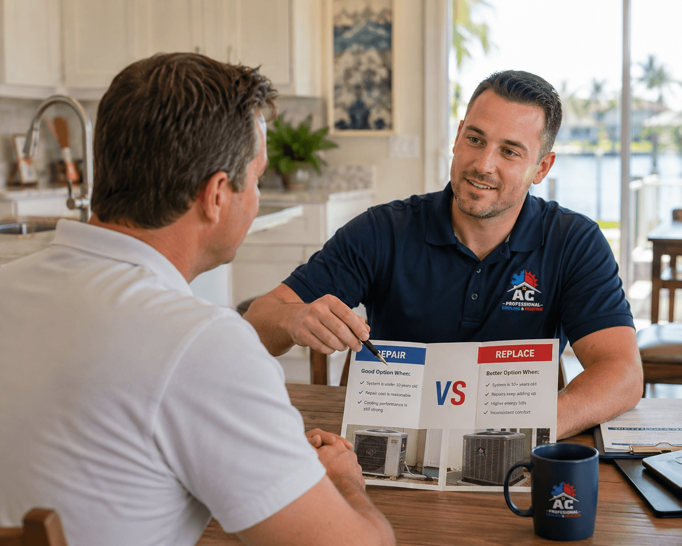 AC Professional technician explaining Protection Plan options to a homeowner