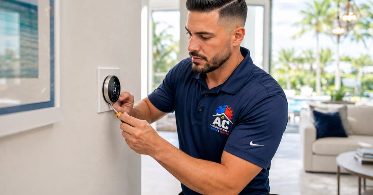 Técnico de AC Professional revisando un termostato inteligente para mejorar el control de humedad en una vivienda del suroeste de Florida