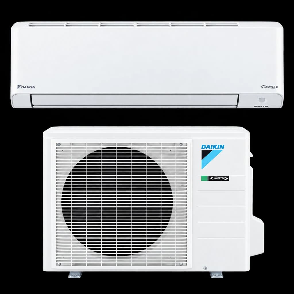Mini-split Daikin sin ductos con unidad interior de pared y condensador exterior, visualización del equipo