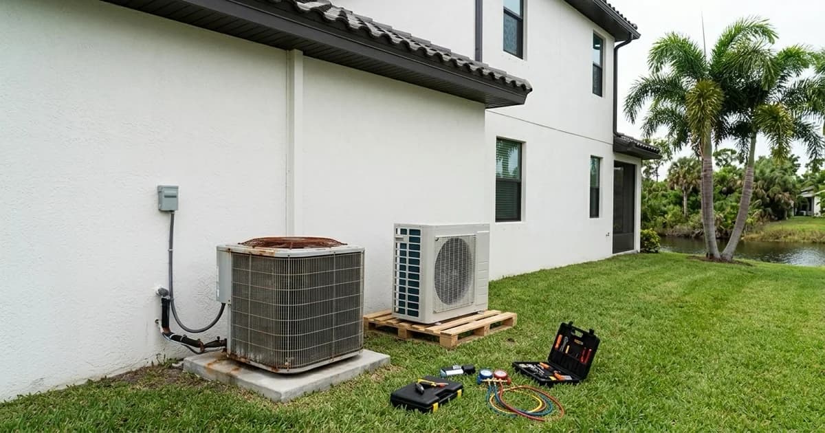 Aged AC outdoor condenser unit next to a Southwest Florida home showing signs of coastal wear and corrosion
