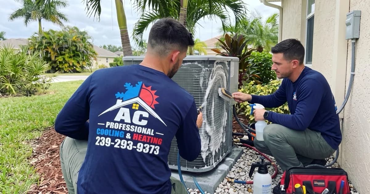 Técnico HVAC limpiando los serpentines del condensador en una unidad exterior en el suroeste de Florida