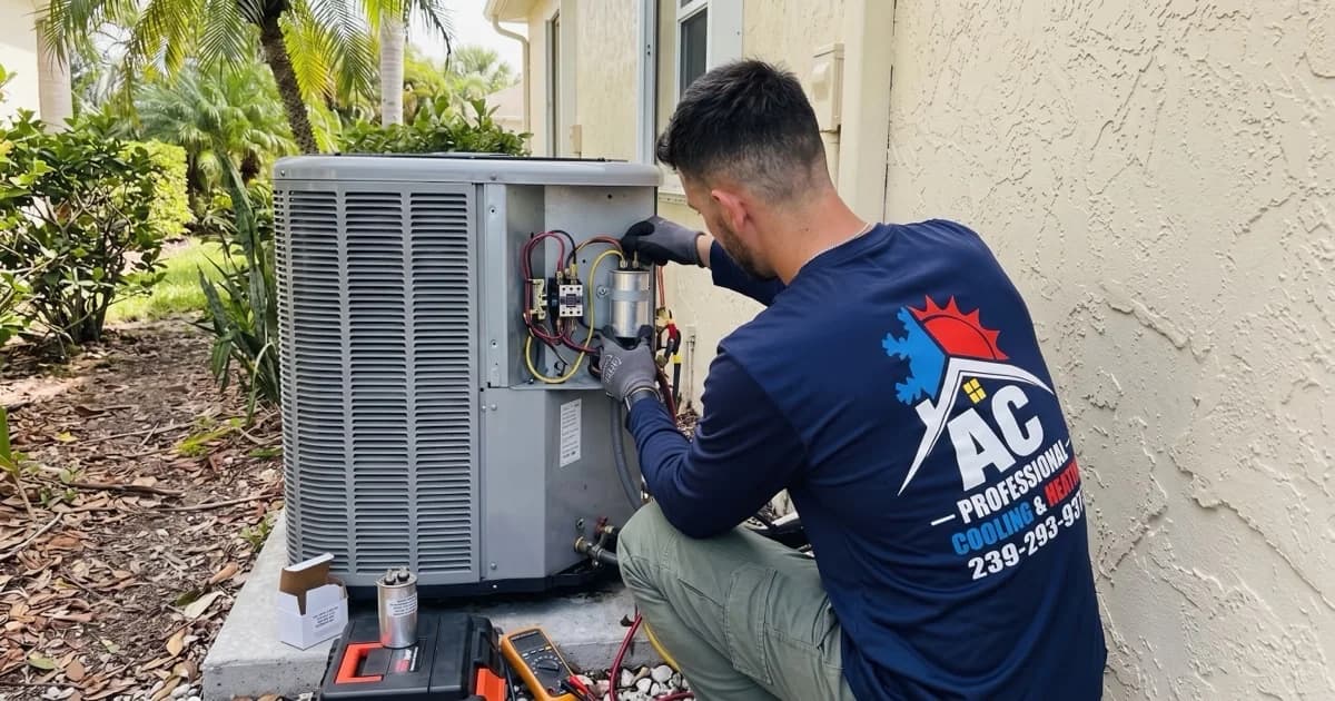 HVAC technician testing an AC capacitor with a multimeter on an outdoor unit in Southwest Florida