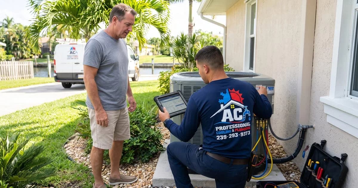 HVAC technician repairing an air conditioning unit at a Cape Coral Florida home