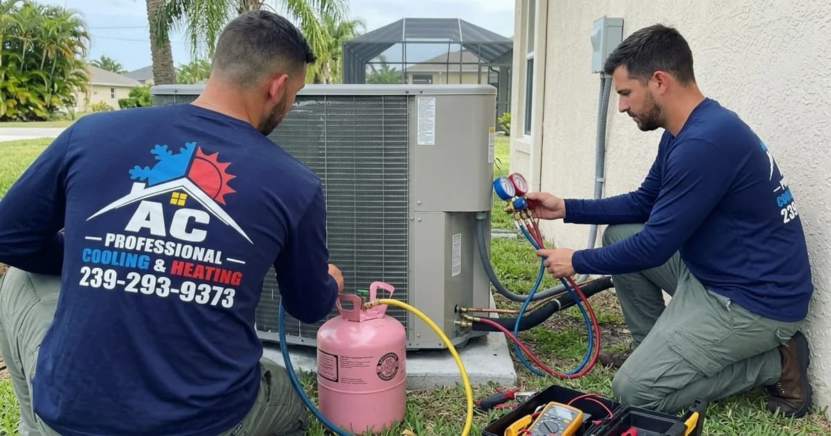 Técnico HVAC verificando manómetros de presión de refrigerante en un sistema de AC en el suroeste de Florida
