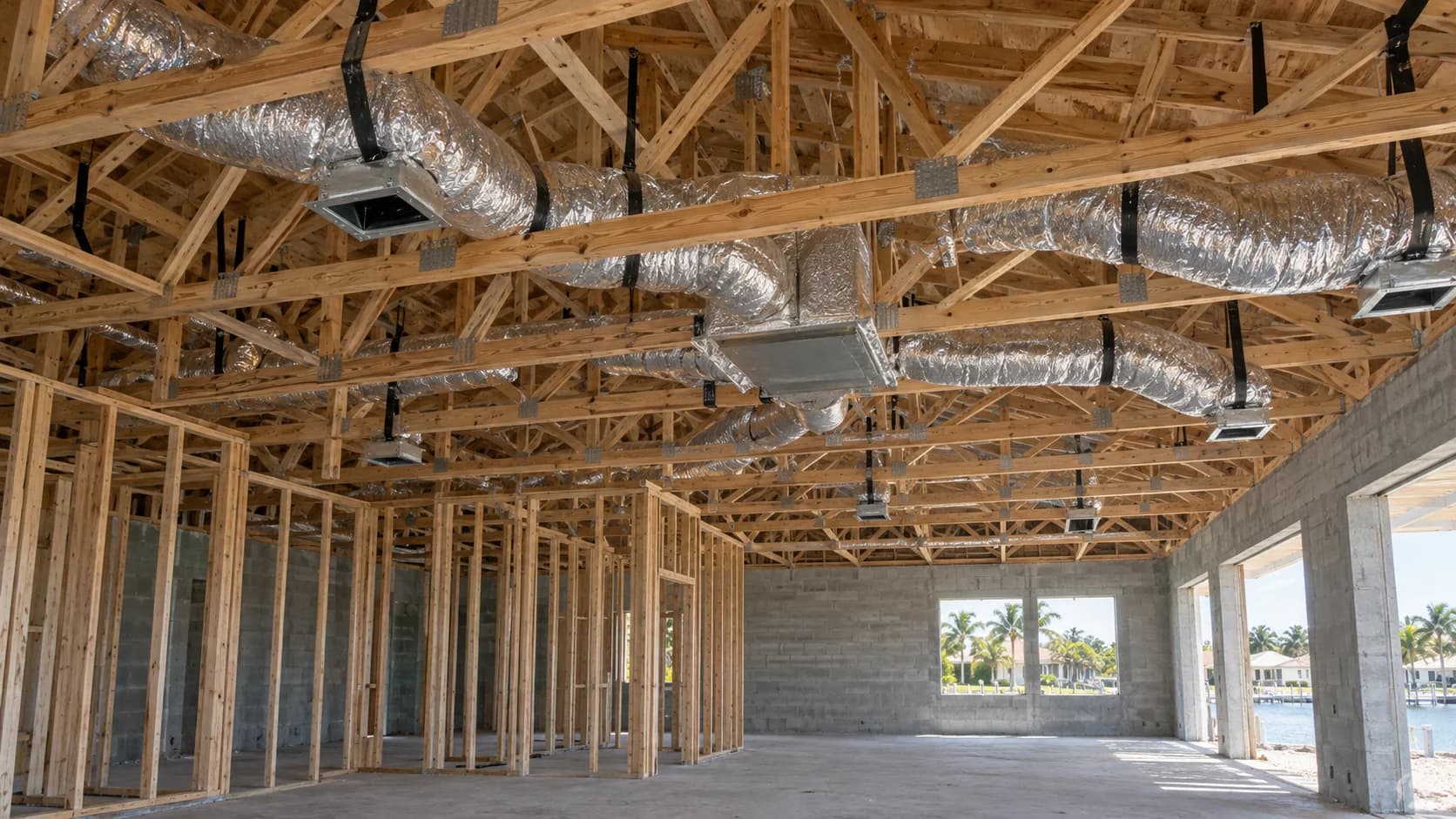 Insulated HVAC ducts and ceiling boots installed among exposed timber roof trusses
