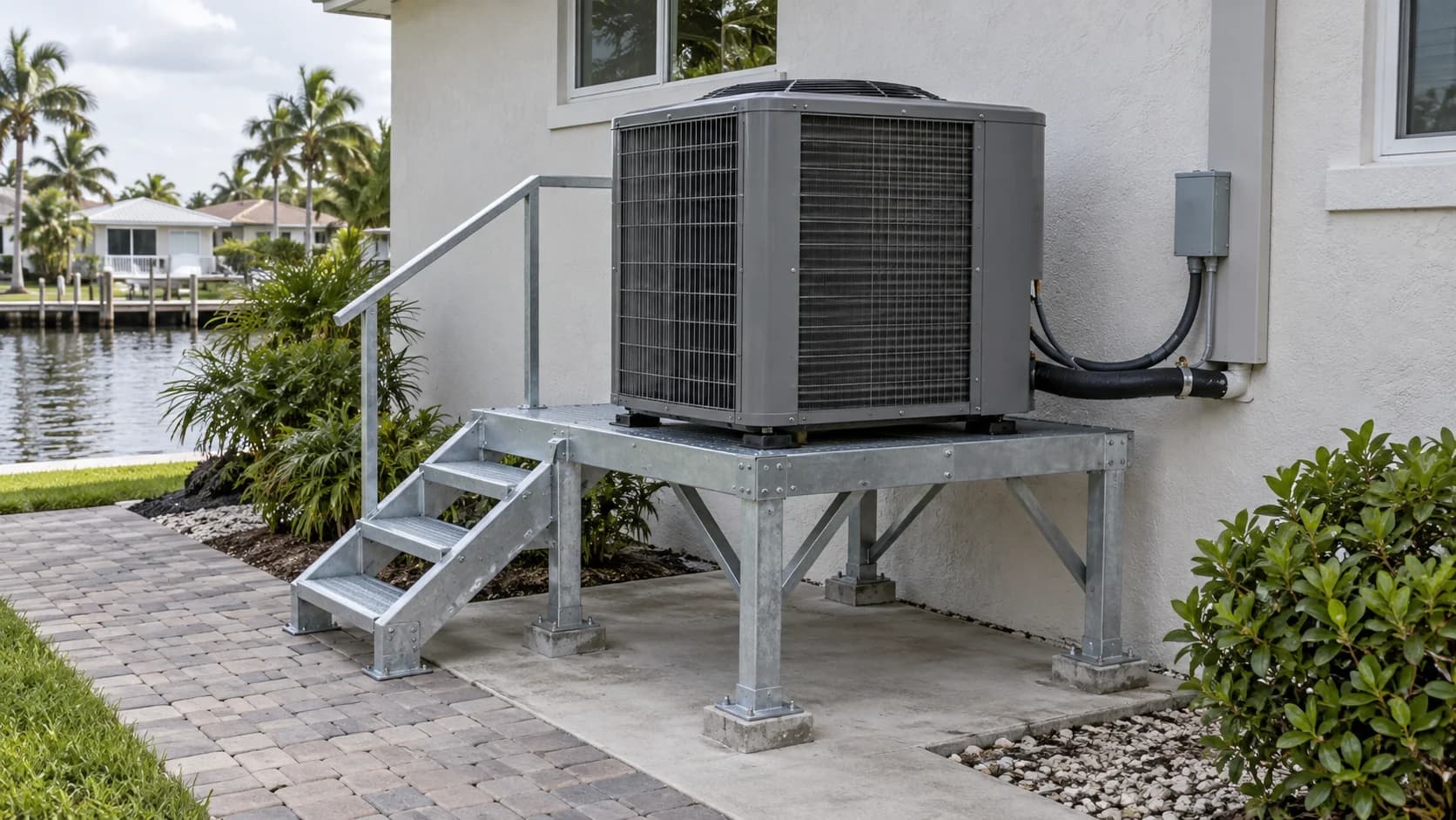 Outdoor air conditioning unit on an elevated metal platform beside a coastal home