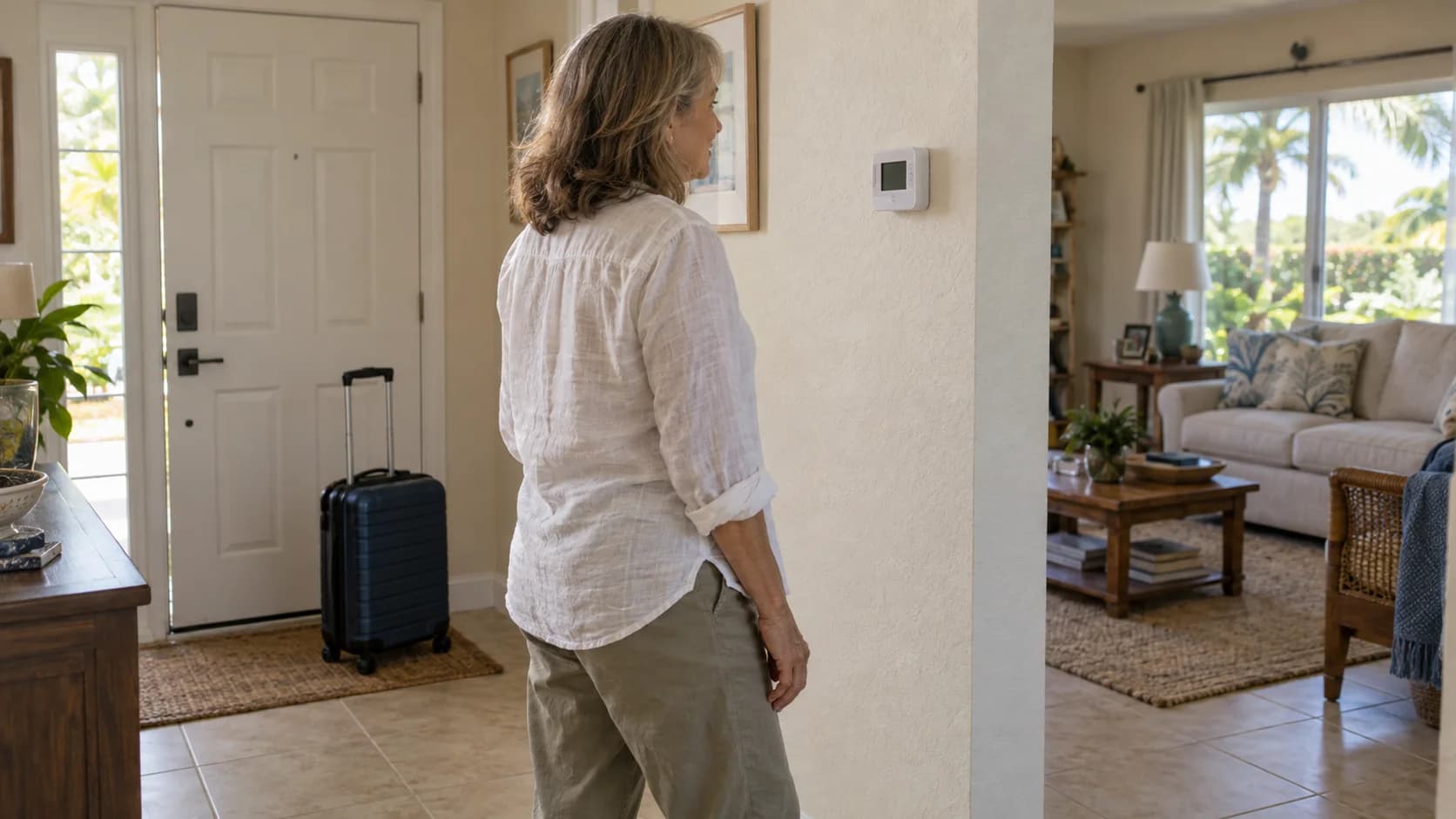 Woman looking at a wall-mounted thermostat after returning home, with a suitcase by the front door