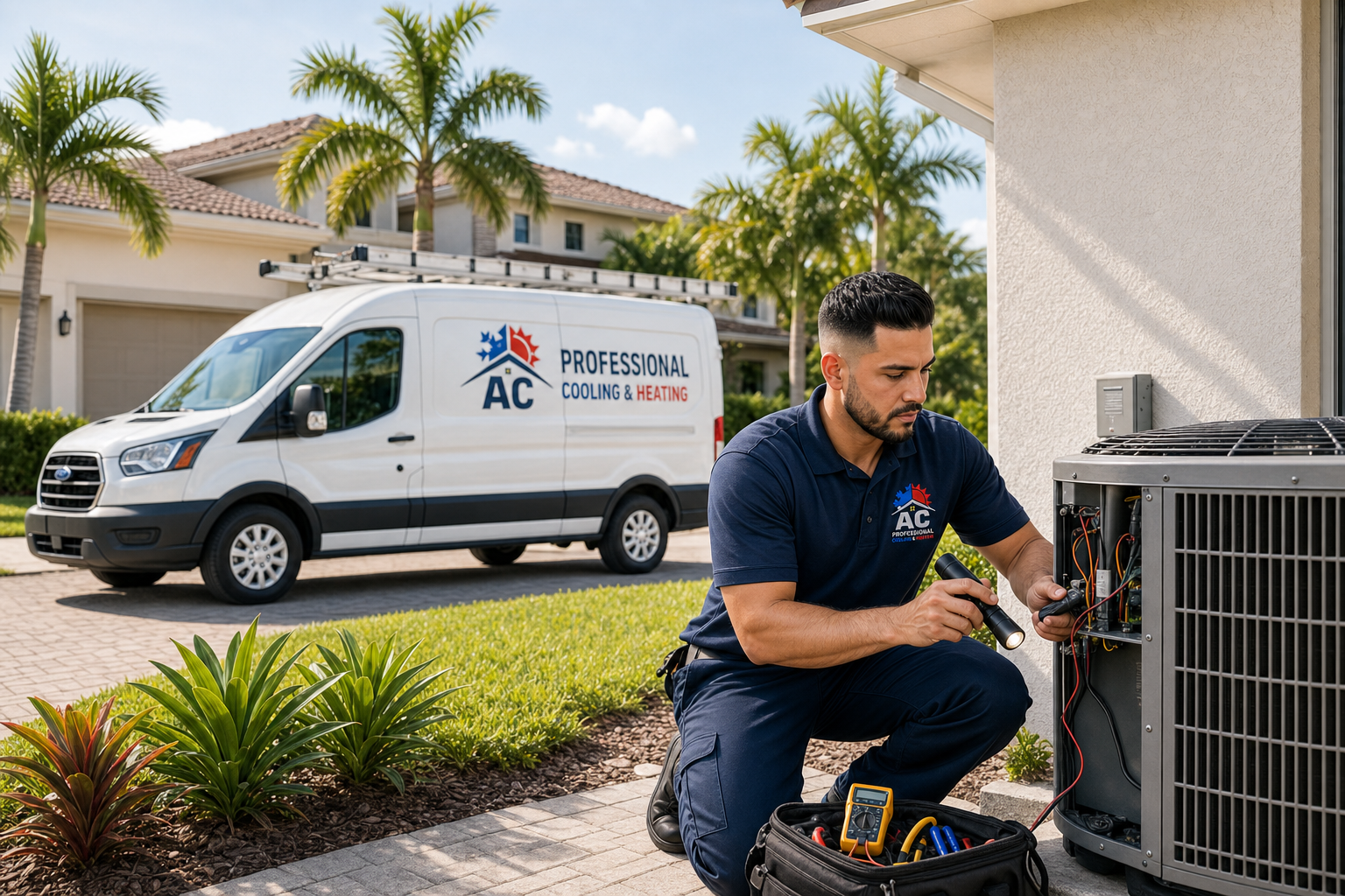 AC Professional technician servicing an outdoor AC system in Bonita Springs