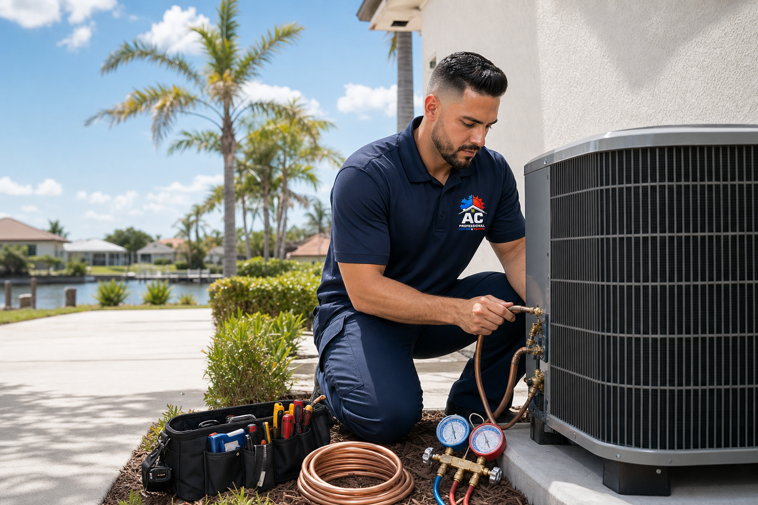 AC Professional technician servicing an AC system at a waterfront Cape Coral home