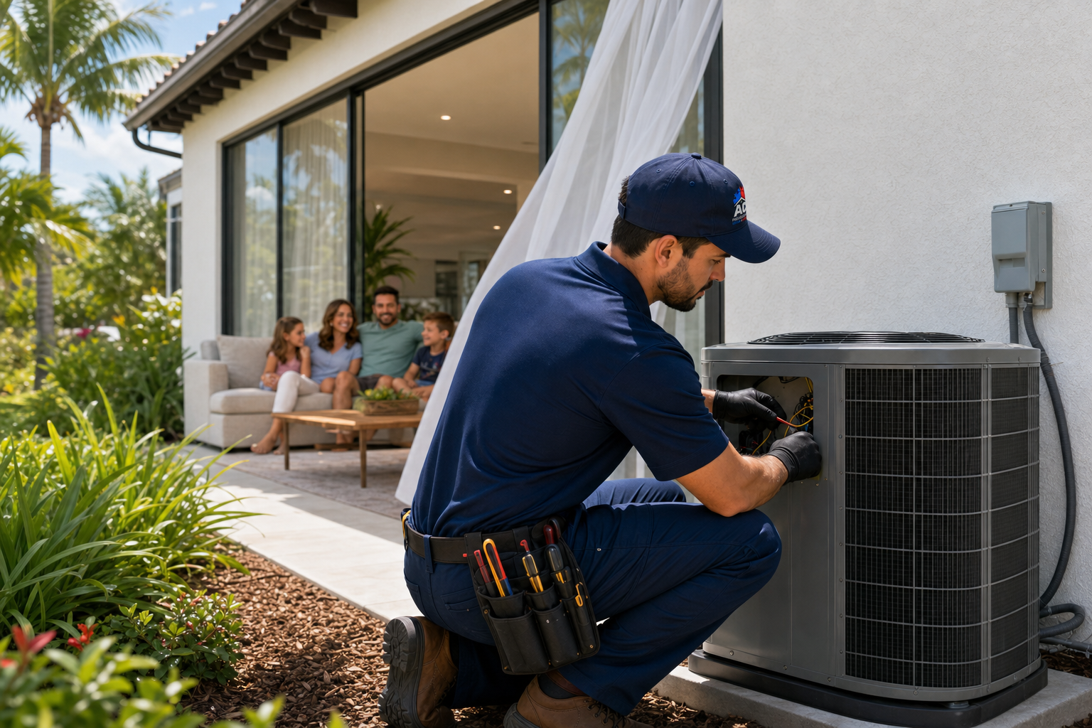 AC Professional technician servicing a home AC system in North Fort Myers
